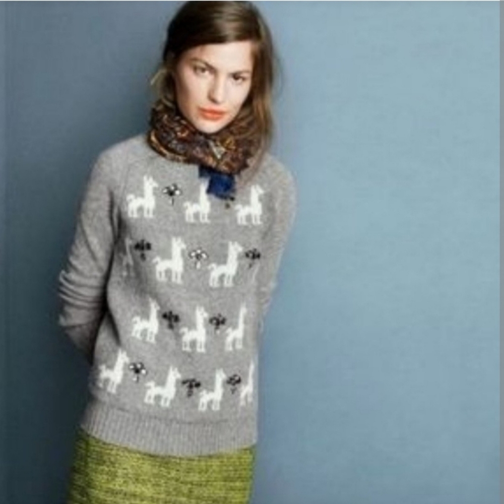 J. Crew Grey Jeweled Llama Wool Long Sleeve Sweater Size Medium